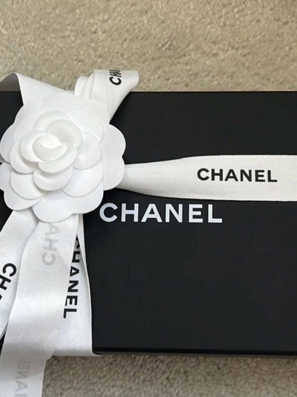 CHANEL Black Box with White Ribbon and Camellia